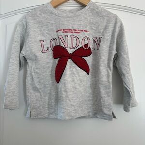 NWT Zara Gray Long-Sleeve Top with Red Bow & London Graphic